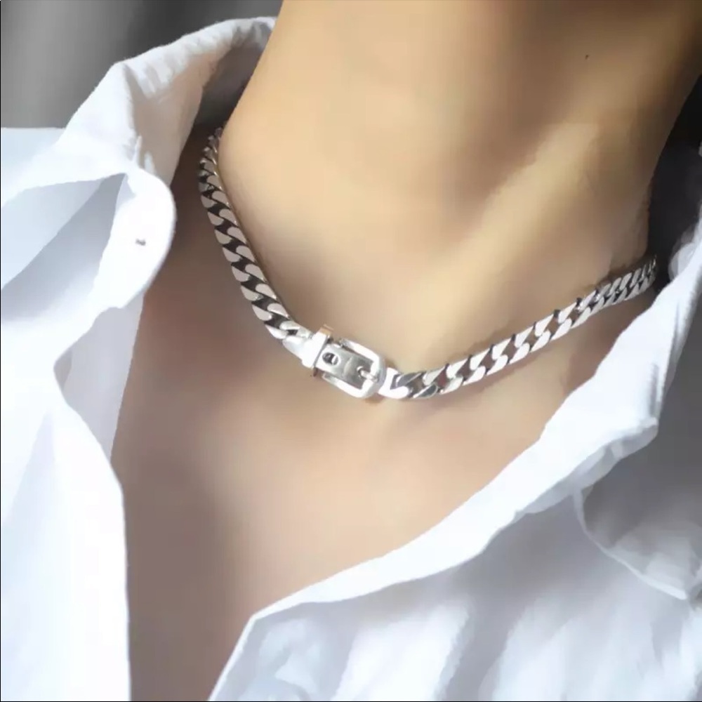 ❗️restocked❗️925 Sterling Silver Cuban Chain Link Belt Buckle Choker Necklace